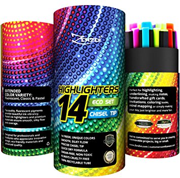 Highlighters Markers Assorted Colors Bulk Fluorescent Highlighter Marker Pens Pack – Large Value Set of 14 Color Chisel Tip Yellow Blue Green Pink Orange & Pastel - Eco School Bible Business Supplies