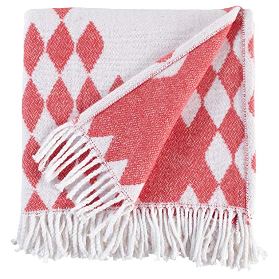 Rivet Colorful Geometric Diamond Jacquard Reversible Throw Blanket, 50"x60", Coral, White