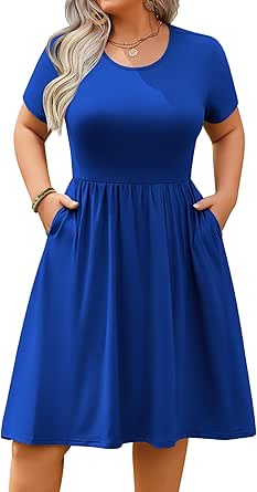 IN'VOLAND Womens Plus Size Short Sleeve Dress Summer Casual Midi Dresses Empire Waist A-Line T-Shirt Dress with Pockets