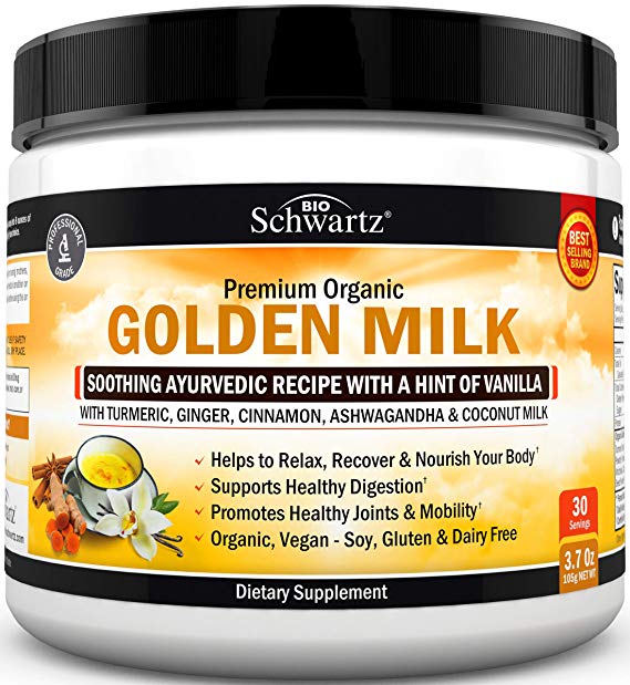 Premium Organic Golden Milk Powder with Ashwagandha & Turmeric - for Relaxation & Recovery - Promotes Healthy Joints & Mobility - Supports Healthy Digestion - Soothing Ayurvedic Blend with Vanilla