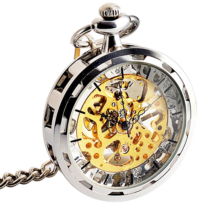 Pocket Watch - Gears Open Face ManChDa Vintage Steampunk Skeleton Dial Delicate Visible Movement with Chain   Gift Box