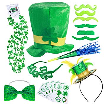 50Pcs St. Patrick’s Day Party Favor Set Saint Patricks Day Irish Accessories Shamrock Green Party Supplies Toys Includes Temporary Tattoos, Mustaches, Feathered Headband, Glasses, Horn and Bow Tie, Shamrock Clover Necklace and Leprechaun Hat