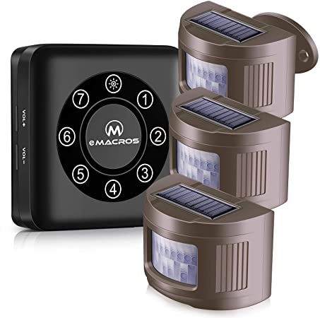 eMACROS 1/2 Mile Long Range Solar Wireless Driveway Alarm Weatherproof Driveway Alarms Wireless Outside Sensor&Detector Security Alert System, No Need to Replace The Battery（1receiver and 3 sensors）