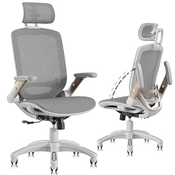 GABRYLLY Ergonomic Office Chair, High Back Home Desk Chair with Headrest, Flip-Up Arms, 90-120° Tilt Lock and Wide Cushion, 400LBS Mesh Chairs for Man Woman, White Task Chair(Beige,GY01WBG)