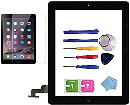 for iPad 2 Glass Touch Screen Digitizer Replacement Kit Black A1395 A1396 A1397 with Home Button Flex, Adhesive Tape, Midframe Bezel, Screen Protector, Instruction Manual，and Repair Toolkit