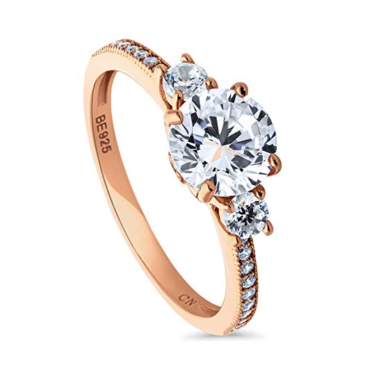 BERRICLE Rose Gold Plated Sterling Silver Cubic Zirconia CZ 3-Stone Promise Engagement Ring