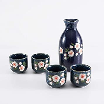 Mose China Japanese Ceramic Sake Set ~ 5 Piece Sake Set (Included 1 TOKKURI bottle and 4 OCHOKO cups) Royal Blue with White Flower Patterns