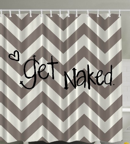 Funny Quotes Chevron Shower Curtain Apartment Art Decor by Ambesonne, Get Naked Sexy Symbol of Love Geometric Zig Zag Theme with Heart Design for Home Accessories Fabric Bathroom Set, Gray Cream