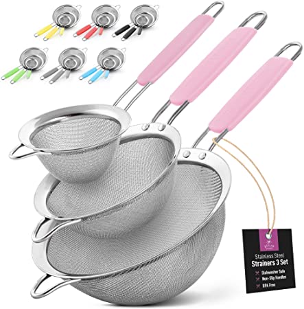 Zulay (Set of 3) Stainless Steel Mesh Strainer - Strainers Fine Mesh & Wire Sieve with Non-Slip Handles - Assorted Kitchen Strainer For Sifting, Straining, & Draining (3.3”, 5.5”, 7.5” Sizes) - Pink