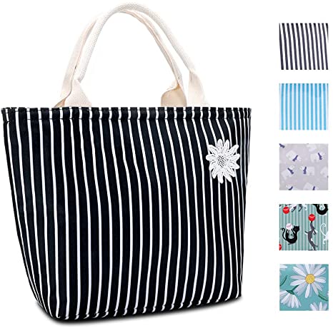 VARANO Lunch Box With Reinforced Handle Lunch Bags For Women/Girls Fashionable Lunch Tote Insulated Cooler bags Reusable Lunchbox (Dark Blue & White Stripe)