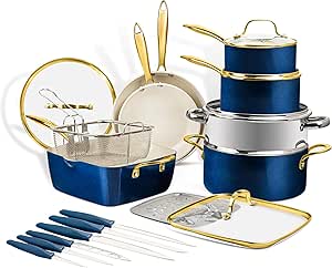 Gotham Steel Gold 20 Pc Ceramic Pots and Pans Set Non Stick, Kitchen Cookware Sets, Pot and Pan Set, Ceramic Cookware Set, Non Toxic Cookware Set, Non Stick Pots and Pan Set, Oven and Dishwasher Safe