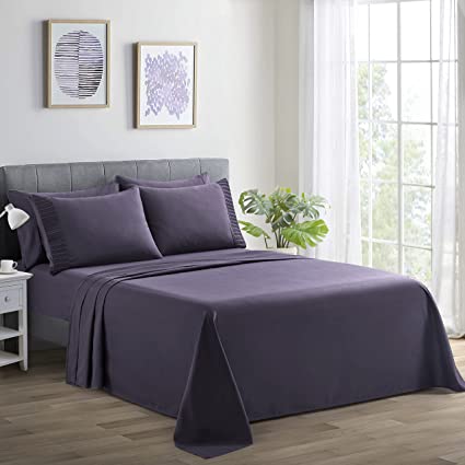 Marina Decoration Ultra Soft Silky Deep Pocket Solid Rayon from Bamboo All Season 4 Pieces Sheet Set with 2 Pillowcases, Eggplant Color Twin/Single Extra Long Size
