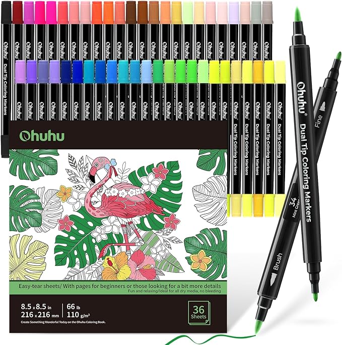 Ohuhu Markers 48 Colors & Coloring Book Set Coloring Markers Dual Tips Fine & Brush Pens Water-Based Art Markers Non-Bleeding Drawing Markers for Adult Coloring Books Bullet Journal Calligraphy