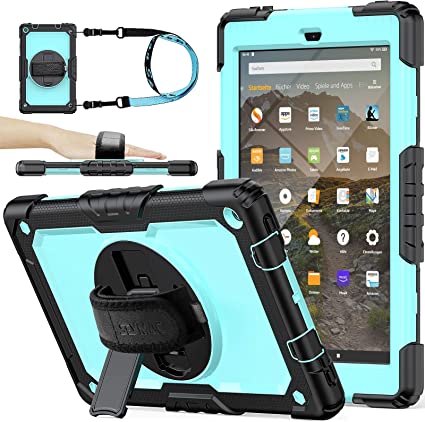 ( NOT fit The 11th 2021) Amazon Fire HD 10 Case (ONLY fit 9th/7th Generation 2019/2017) with Screen Protector Pencil Holder [360 Rotating Hand Strap] &Stand, Drop-Proof Tablet Case (SkyBlue Black)