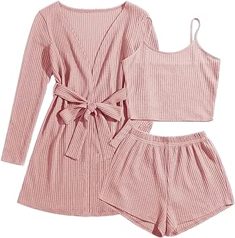 Ekouaer Womens 3 Piece Waffle Knit Lounge Set Soft Pajama Sets Tank Top and Shorts Cardigan with Pockets S-XXL