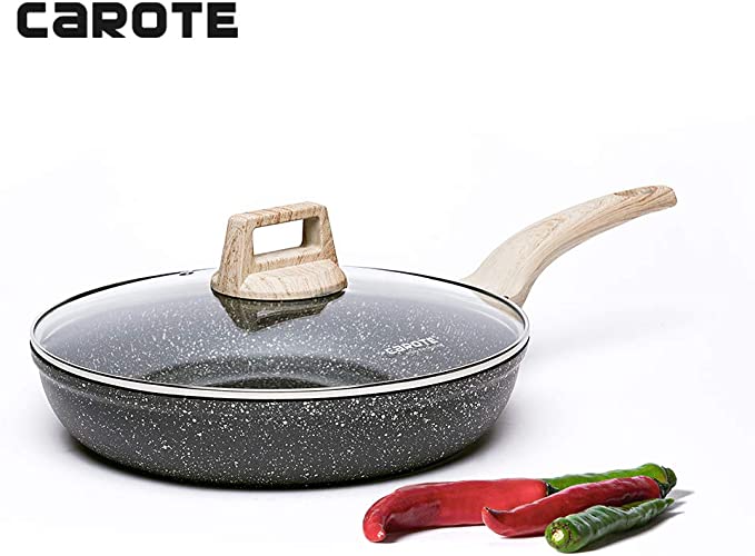 Carote 10" Non-stick Frying Pan Skillet with Glass Lid,Stone Cookware Granite Coating from Switzerland,Black(Gift Wooden Turner)…