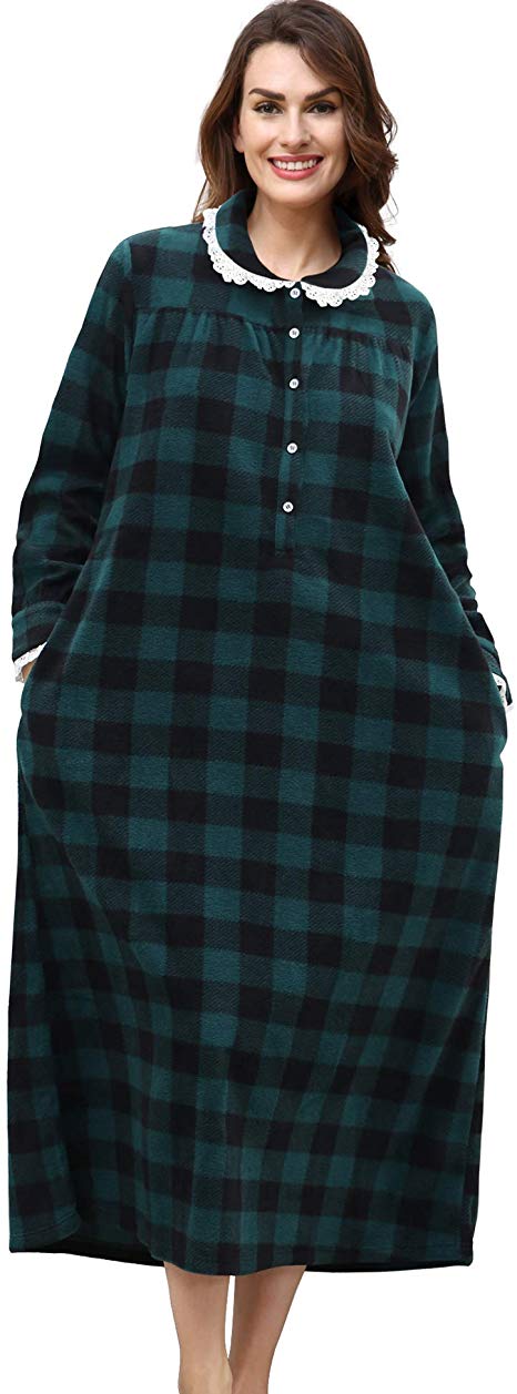 COLORFULLEAF Womens Long Plaid Flannel Nightgowns Christmas Lace Trim House Dress