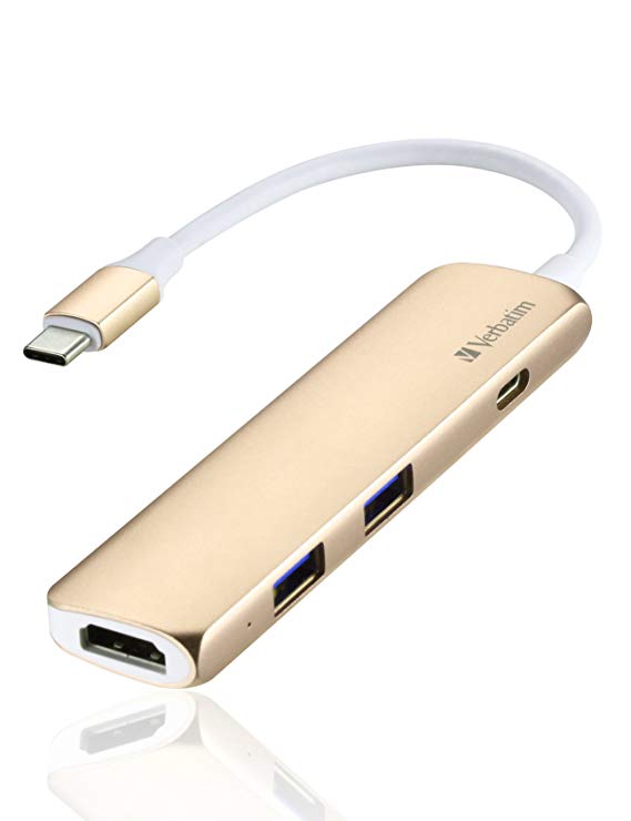 Verbatim Aluminum USB-C Adapter Hub Dongle with Type C Charging Port, 4K@30Hz HDMI, 2 USB 3.0 for 2016/2017 MacBook Pro, Google Chromebook 2016/2017 and more USB C Windows Laptops