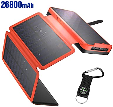 IEsafy Solar Charger 26800mAh, Outdoor Solar Power Bank with 4 Foldable Solar Panels and 2 High-Speed Charging Ports for Smartphones, Tablets, Samsung, iPhone, etc, with Waterproof Led Flashlight