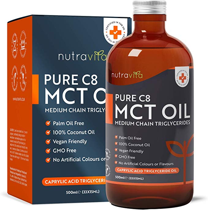 Premium and Pure C8 MCT Oil 500ml – 99.8% Caprylic Acid (C8) from 100% Coconut Oil - Easily Absorbed and Digested – Vegan Friendly - Ideal for Paleo, Keto and Low Carb Diets - Made in UK by Nutravita