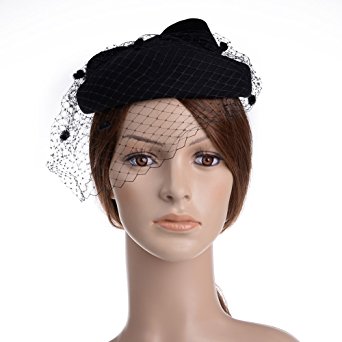 Vbiger Fascinator Hats Wedding Hats Pillbox Hat Wool Felt Hat Bow Veil for Women