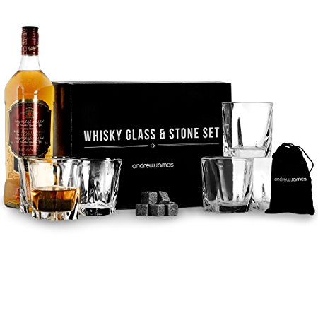 Andrew James Whisky Glass & Stone Rocks Gift Box Set of 6 Crystal Glasses 12 Granite Cooling Stones and Velvet Storage Pouch