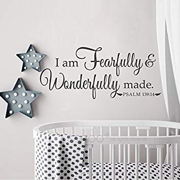 BATTOO I Am Fearfully and Wonderfully Made Psalm 139:14 Nursery or Child's Room Vinyl Wall Decal 22"w Bible Verse Wall Sticker, Black
