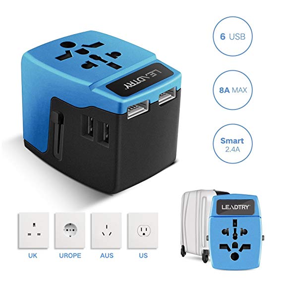 LeadTry Universal Travel Power Adapter 8 Amps Fuse,Worldwide 6 USB Port Wall Charger, All in One Plugs Adapters for Europe, UK, US, AU, Asia etc(50% OFF Enter Code WB3OV2J4 at Checkout)