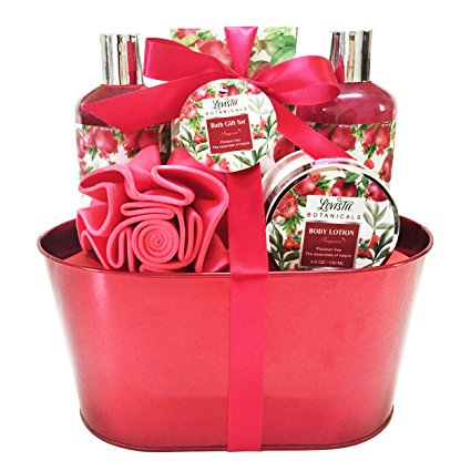 Spa Gift Basket and Bath Set with Relaxing Pomegranate Fragrance, by Lovestee - Bath and Body Gift Set, Includes Shower Gel, Bubble Bath, Body Lotion, Bath Salt, Bath-Body EVA Sponge