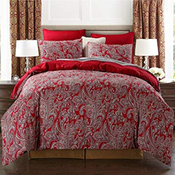 Brandream Boho Paisley Print Luxury Duvet Quilt Cover and Shams Bohemian Damask Medallion 800TC Egyptian Cotton Sateen Bedding Set Queen Size 3pcs (Burgundy)