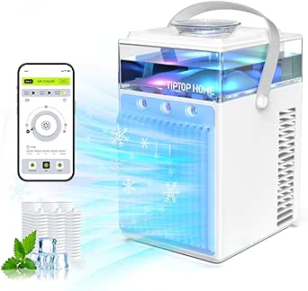 Portable Air Conditioners,4 in 1 Rechargeable Mini Air Conditioner, APP Control Air Cooler LED Humidifier,3 Speeds Mini AC Evaporative Personal Air Conditioner Cooling Fan for Office Bedroom Outdoor