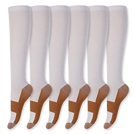David accessories Graduated Copper Compression Socks Anti Fatigue Knee High Socks 6 Pairs Men Women Pain Ache Relief Stockings-15-20 mmHg