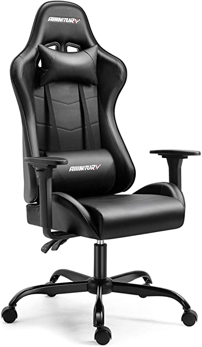 AMINITURE Gaming Chair Racing Style Office Computer Game Chair Adjustable Backrest and Seat Height Swivel Recliner Chair E-Sports Chair with Headrest and Lumbar Support (Black)
