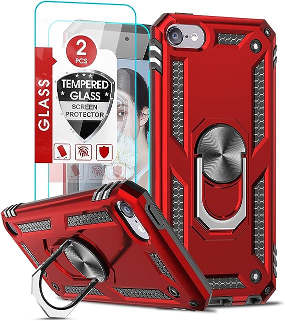 iPod Touch 7 Case, iPod Touch 6 Case, iPod Touch 5 Case with 2 Pack Tempered Glass Screen Protector, LeYi Military Grade Phone Case with Car Mount Kickstand for Apple iPod Touch 7th/6th/5th Gen Red