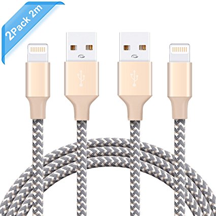 iPhone Cable Ulinek iPhone Charger Lightning to USB Apple Cable 2 Pack 2m Ultra Durable Nylon Braided Cable High Speed Transmission Lifetime Warranty Apple Cord for iPhone 7 Plus 6S Plus 6 Plus SE 5S 5C 5, iPad 2 3 4 Mini, iPad Pro Air, iPod - Champagne