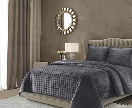 Tribeca Living FLORENCEQUIQUGR Florence Velvet Oversized Solid Quilt Set, Queen, Smoke Grey