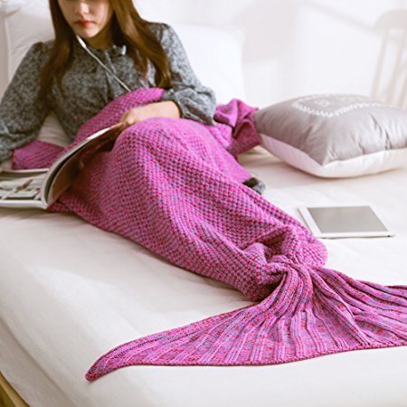 NOPTEG Mermaid Tail Blanket, Soft Crochet Handcrafted Sleeping Bag Sofa Quilt Mermaid All Season Camping Sleeping Reading Blanket for Adult, Teen and Kids(Adult, Purple Red)