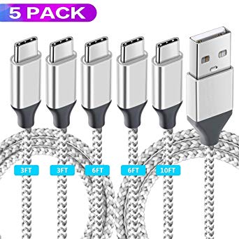 5 Pack Type-C Cable USB C to USB A Charger USB Syncing Nylon Braided Fast Cord Charger Compatible for Samsung Galaxy S9 S8 Note 8, Pixel, LG V30 G6 G5, Nintendo Switch, OnePlus 5 3T