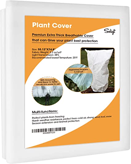 SOLIGT Extra Thick 2.2oz Plant Cover Freeze Protection with Zipper and Drawstring, 55.12" X 74.8", 2 Pack