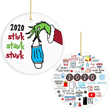 Kingchilla Two-Side Printed 2020 Christmas Ornament Grinch Hand, A Year to Forget 2020 Event Ceramics Christmas Decorations, COVID Quarantine Ornament, Christmas Tree Ornaments Hanging Accessories