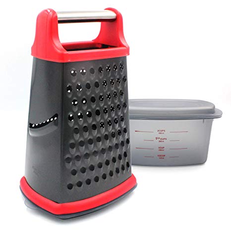 Box Grater, Stainless Steel with 4 Sides, with Detachable Storage Container Best for Parmesan Cheese, Vegetables, Ginger