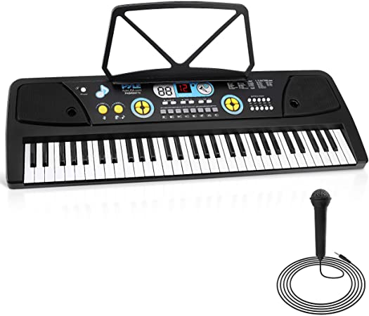 Pyle, Electric Keyboard 61 Keys-Portable Digital Musical Karaoke Piano Keyboard-10 Rhythms 16 Tones, Stereo Speakers, Rechargeable Battery-Wired Microphone-Beginners Kids (PKBRD6112)