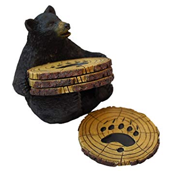 Black Bear Drink Coaster Set of 4 with Rubber Pad Base - Cool Rustic Home Table Beer and Wine Beverage Coaster With Holder