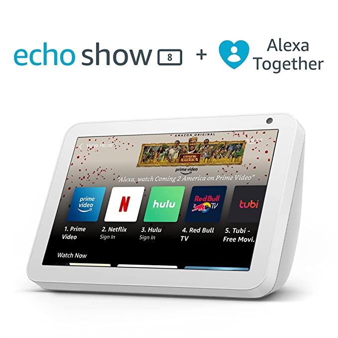 Echo Show 8 (2nd Gen, 2021 release) - Glacier White - with 30-day FREE trial of Alexa Together (monthly auto-renewal)