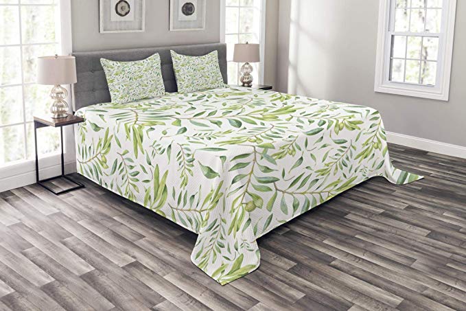 Ambesonne Green Leaf Bedspread Set King Size, Watercolor Style Olive Branch Mediterranean Tree Organic, Decorative Quilted 3 Piece Coverlet Set with 2 Pillow Shams, Avocado Green Olive Green White