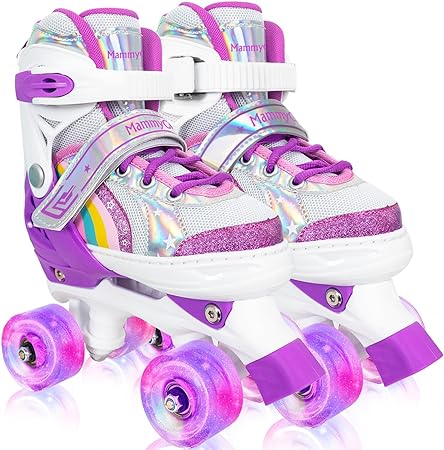 MammyGol Roller Skate for Girls Kids 4 Size Adjustable Skates with Full Light Up 8 Wheels, Outdoor Indoor Toddler and Beginner Rainbow Rollerskate Ages 3-6 6-12