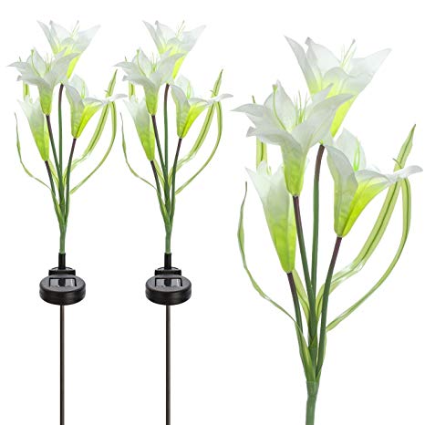 Sorbus Solar Light Flower Lily Stakes, Outdoor LED Garden Flowers for Night Lighting, Solar Path Walkway, Lawn, Garden, Pond, Patio, Gravestones, Special Occasions, etc (White)