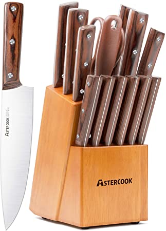 Knife Set, 15 Pieces Kitchen German High Carbon Stainless Steel Knife Set with Red Elm Wood Block, Classic Triple Rivet Chef Knife, Best Gift