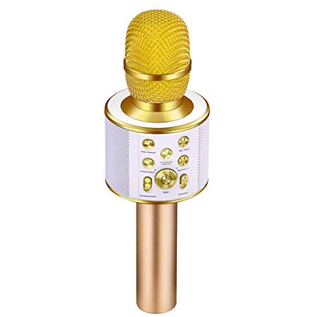 Verkstar 4-in-1 Bluetooth Wireless Microphone Karaoke, with Duet and Accompaniment Function, Portable KTV Speaker Home Birthday Party Machine for iPhone/Android/PC/all smartphones (Gold)