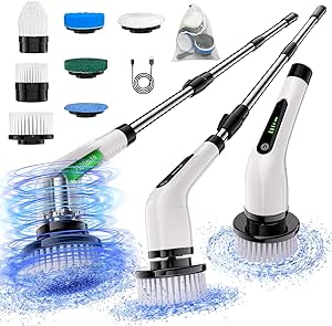 Electric Spin Scrubber Cordless Full Body Waterproof Cleaning Brush with Displaying Battery Level, 7 Replaceable Heads, Dual Speed, and Detachable Telescopic Handle for Kitchen Living Room Bathroom